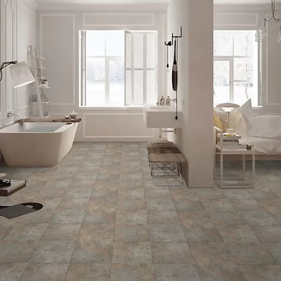 Décoweb Sol Vinyle effet Carrelage métal - Rouille - Rouleau de 2m x 2m