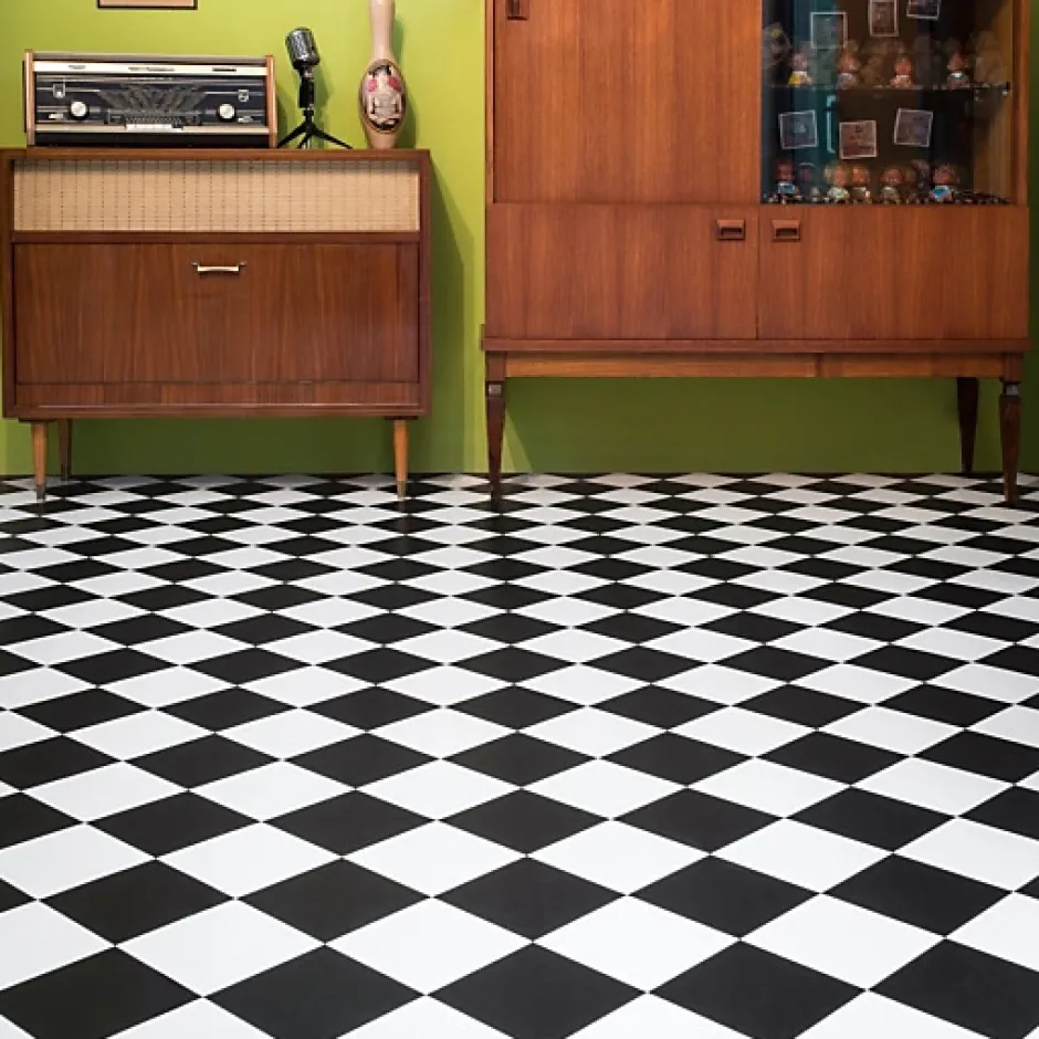 Sol Vinyle effet damier diagonal Noir et blanc - Rouleau de 2m x 2m-Décoweb Outlet