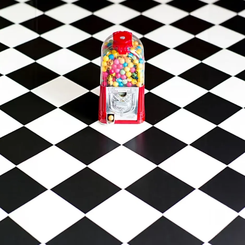 Sol Vinyle effet damier diagonal Noir et blanc - Rouleau de 2m x 2m-Décoweb Outlet