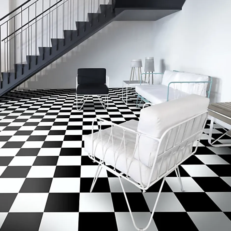 Sol vinyle effet damier noir & blanc - Rouleau de 2m x 3m-Décoweb