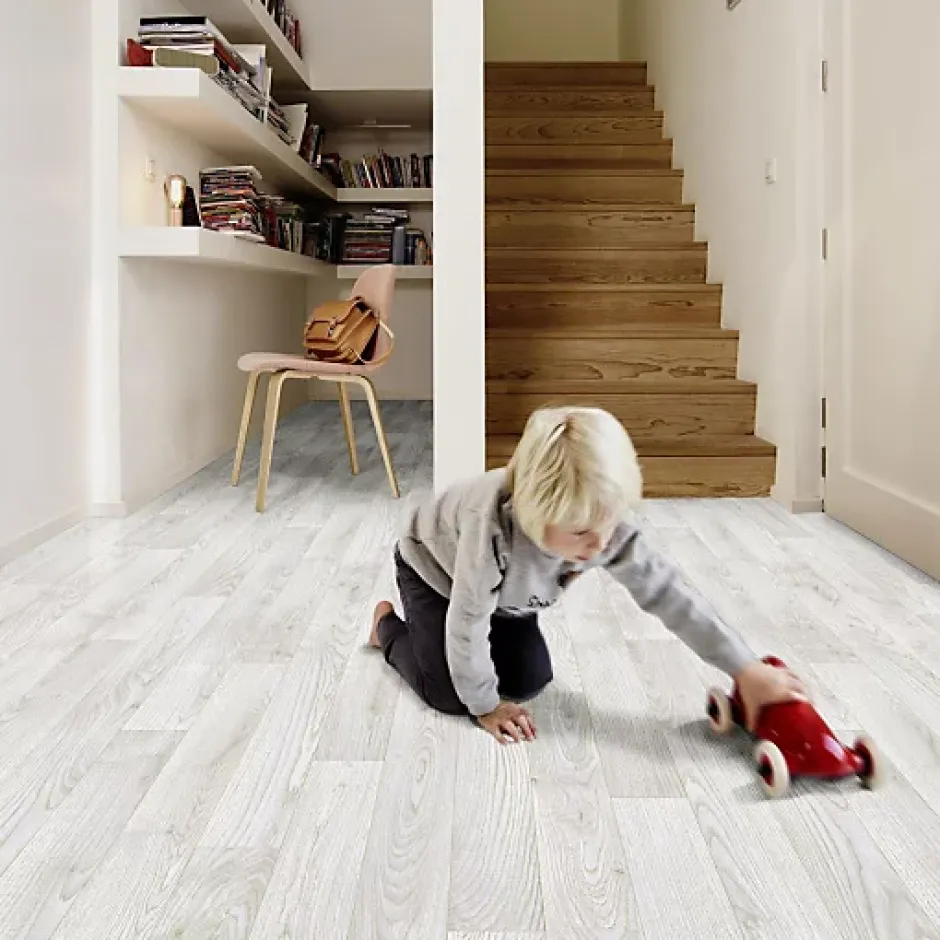 Décoweb Sol vinyle Imitation parquet blanc veinage gris - Rouleau de 3m x 4m