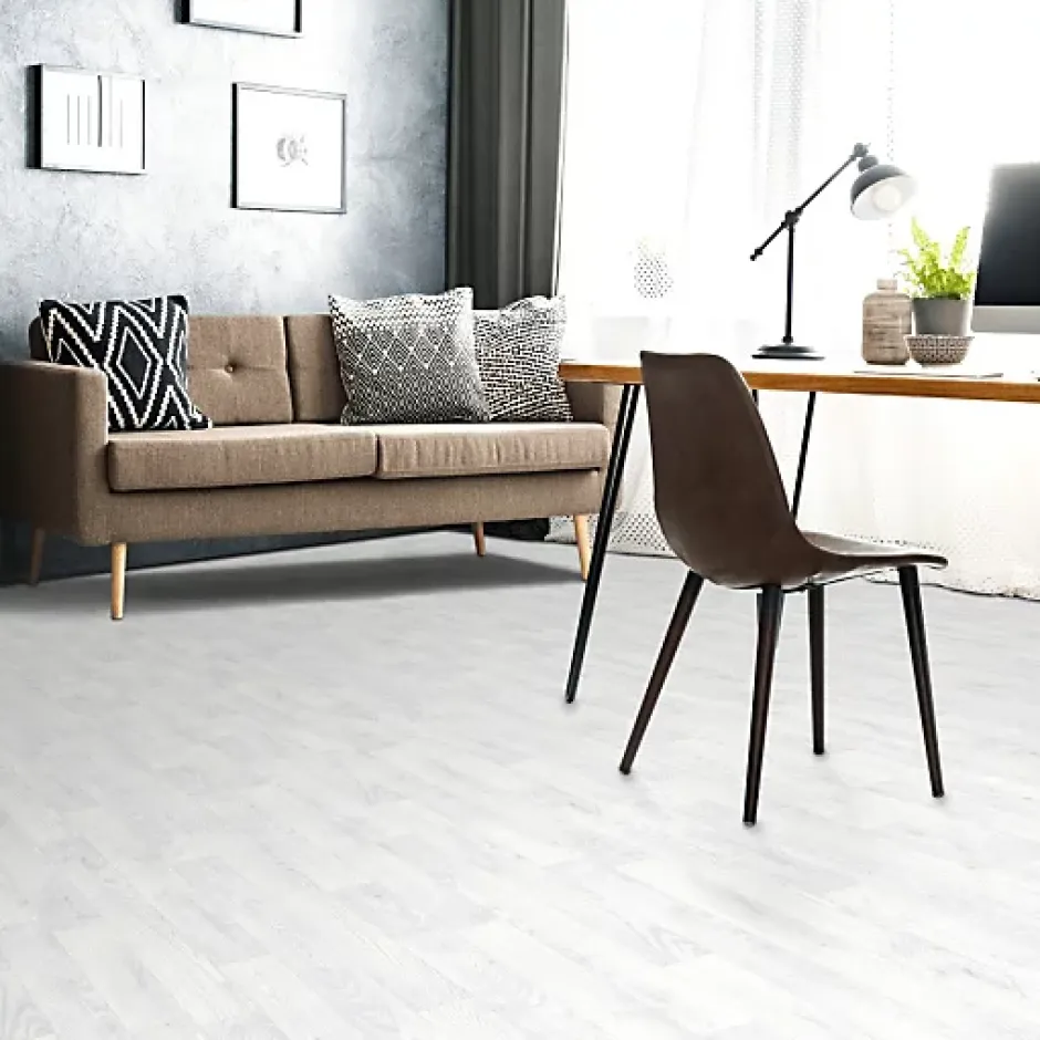 Décoweb Sol vinyle Imitation parquet blanc veinage gris - Rouleau de 3m x 4m