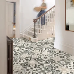 Sol vinyle Textile effet carreaux de ciment Sépia - Rouleau de 4m x 6m-Décoweb New