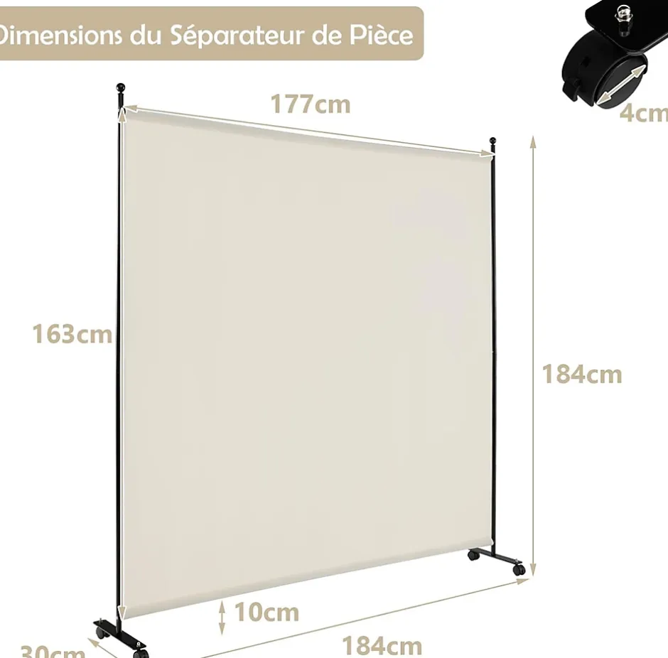 Séparateur de Pièce 184 x 184 cm, Paravent de Confidentialité sur roulettes, Paravent Autoportant pour Salon, Chambre, Blanc-Giantex