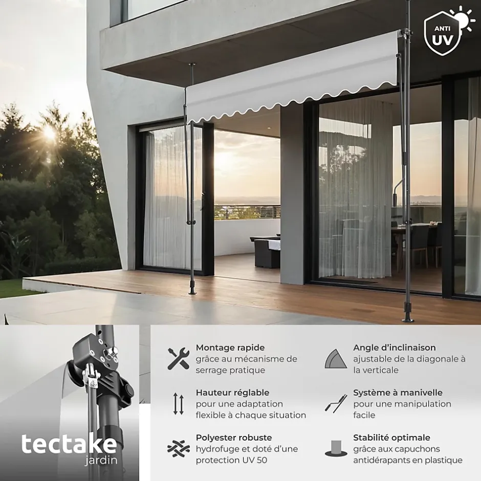 Tectake Store à pince sans perçage avec Manivelle Réglable en hauteur 211 - 304 cm gris clair