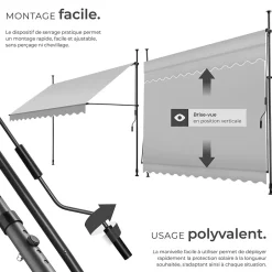 Tectake Store à pince sans perçage avec Manivelle Réglable en hauteur 211 - 304 cm gris clair