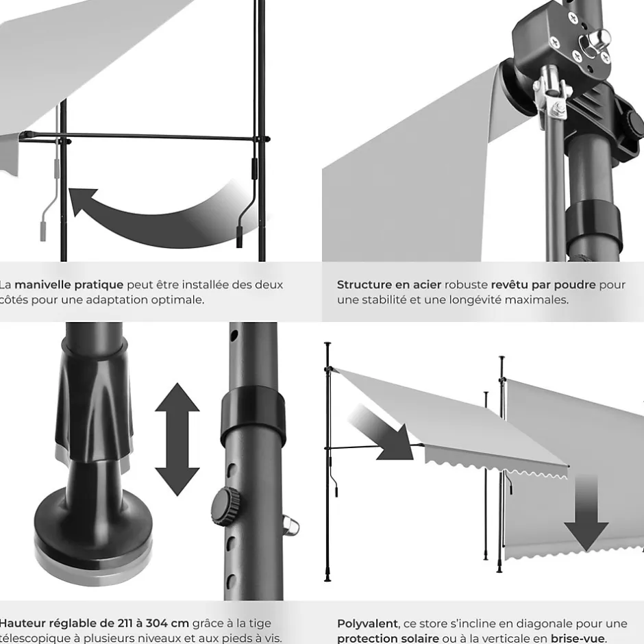 Tectake Store à pince sans perçage avec Manivelle Réglable en hauteur 211 - 304 cm gris clair