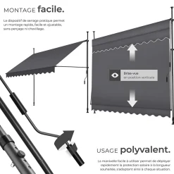 Tectake Store à pince sans perçage avec Manivelle Réglable en hauteur 211 - 304 cm noir/gris