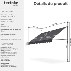Tectake Store à pince sans perçage avec Manivelle Réglable en hauteur 211 - 304 cm noir/gris