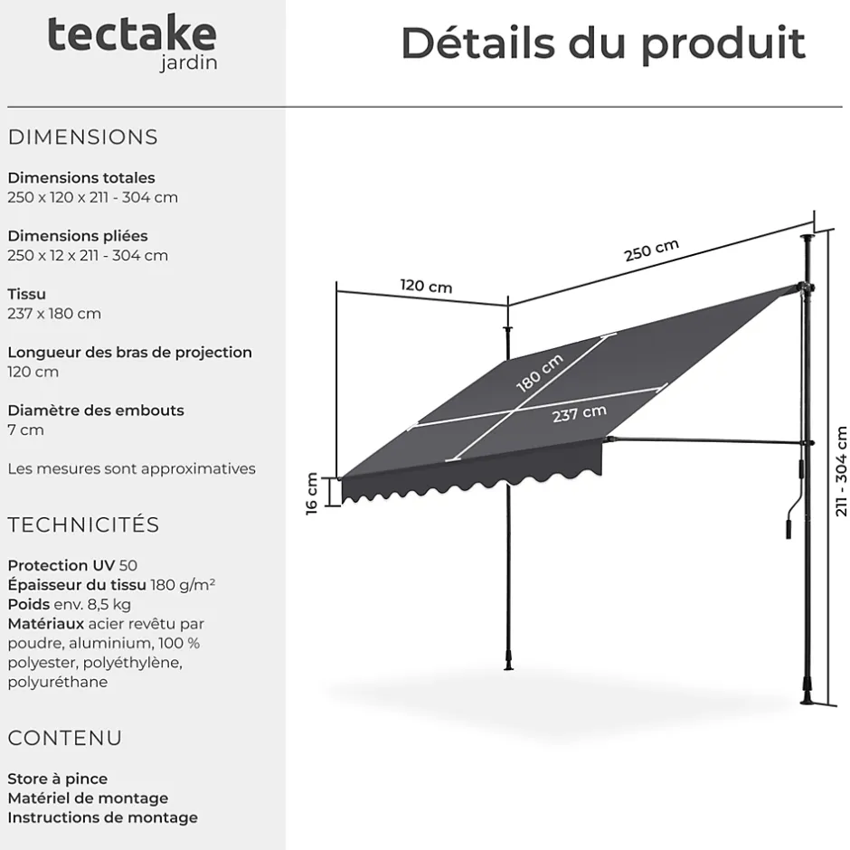 Store à pince sans perçage en polyester 250 x 180 cm gris-Tectake Sale