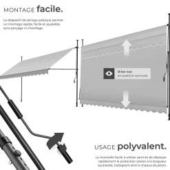 Tectake Store à pince sans perçage en polyester 400 x 180 cm gris clair