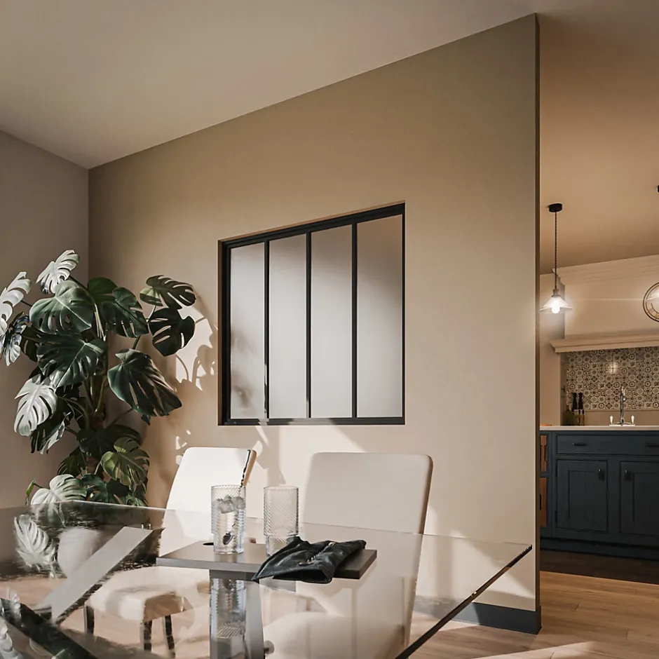 Mon Marché Déco Verrière 4 Carreaux - Déjà Montée - Noir Mat - Verre Dépoli