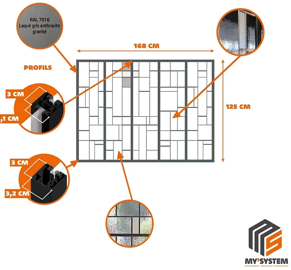 Verrière 5 verres Chicago - L x H : 168 x 125 cm - Laqué gris 7016 granité - verre Sahara inclus-MySystem Discount