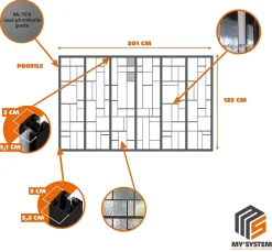 Verrière 6 verres Chicago - L x H : 201 x 125 cm - Laqué gris 7016 granité - verre Sahara inclus-MySystem Outlet