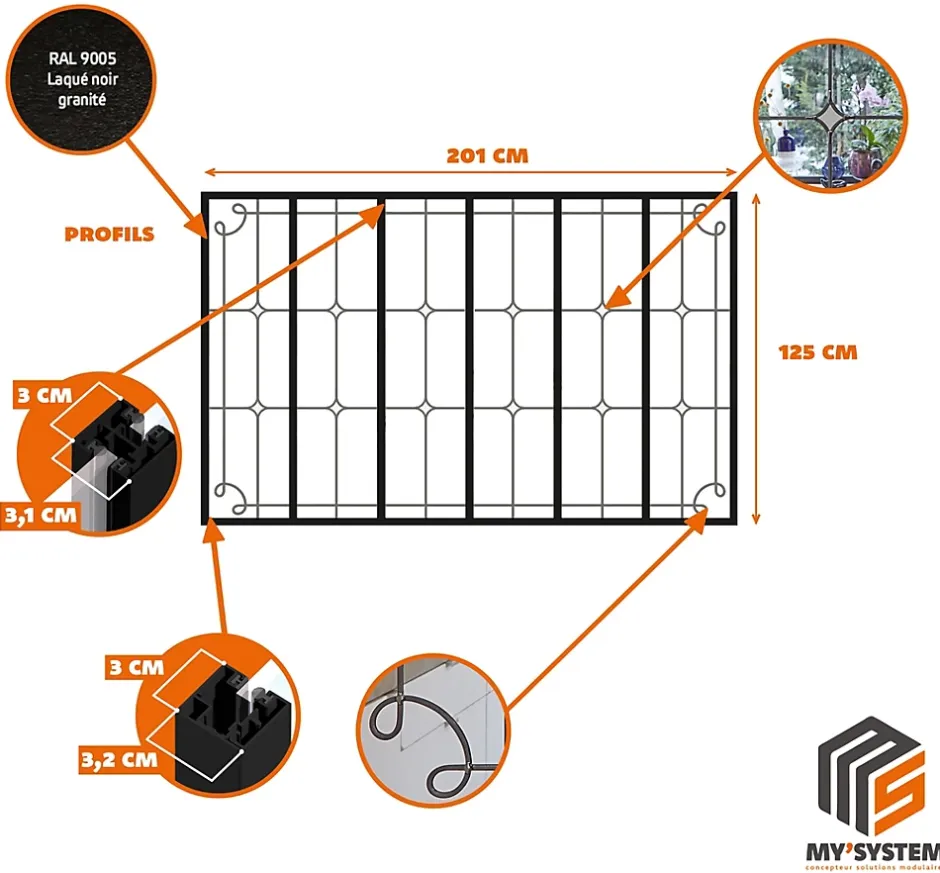 Verrière 6 verres Curly - L x H : 201 x 125 cm - Laqué noir 9005 granité - verre Sahara inclus-MySystem New