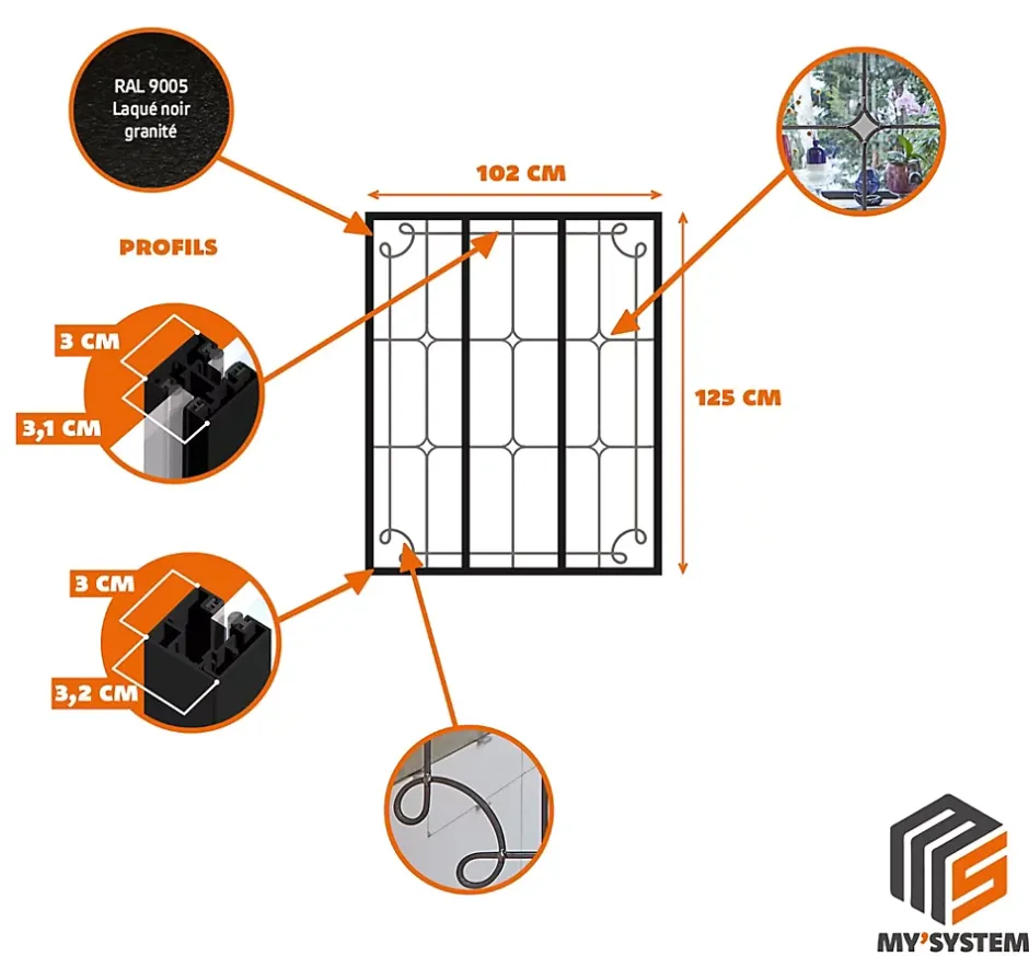 Verrière 3 verres Curly - L x H : 102 x 125 cm - Laqué noir 9005 granité - verre Clair inclus-MySystem Outlet