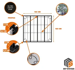 Verrière 4 verres Curly - L x H : 135 x 125 cm - Laqué noir 9005 granité - verre Clair inclus-MySystem Sale