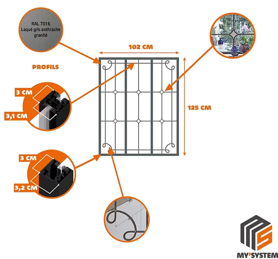 Verrière 3 verres Curly - L x H : 102 x 125 cm - Laqué gris 7016 granité - verre Sahara inclus-MySystem Online