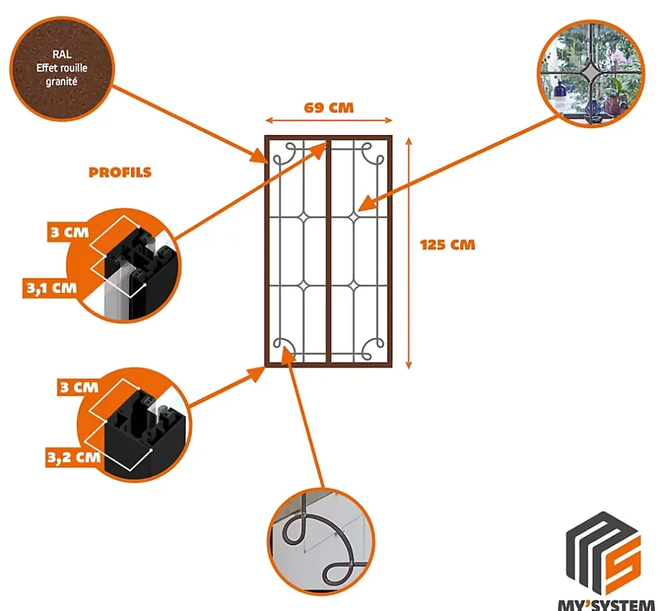 MySystem Verrière 2 verres Curly - L x H : 69 x 125 cm - Laqué effet rouille granité - verre Sahara inclus