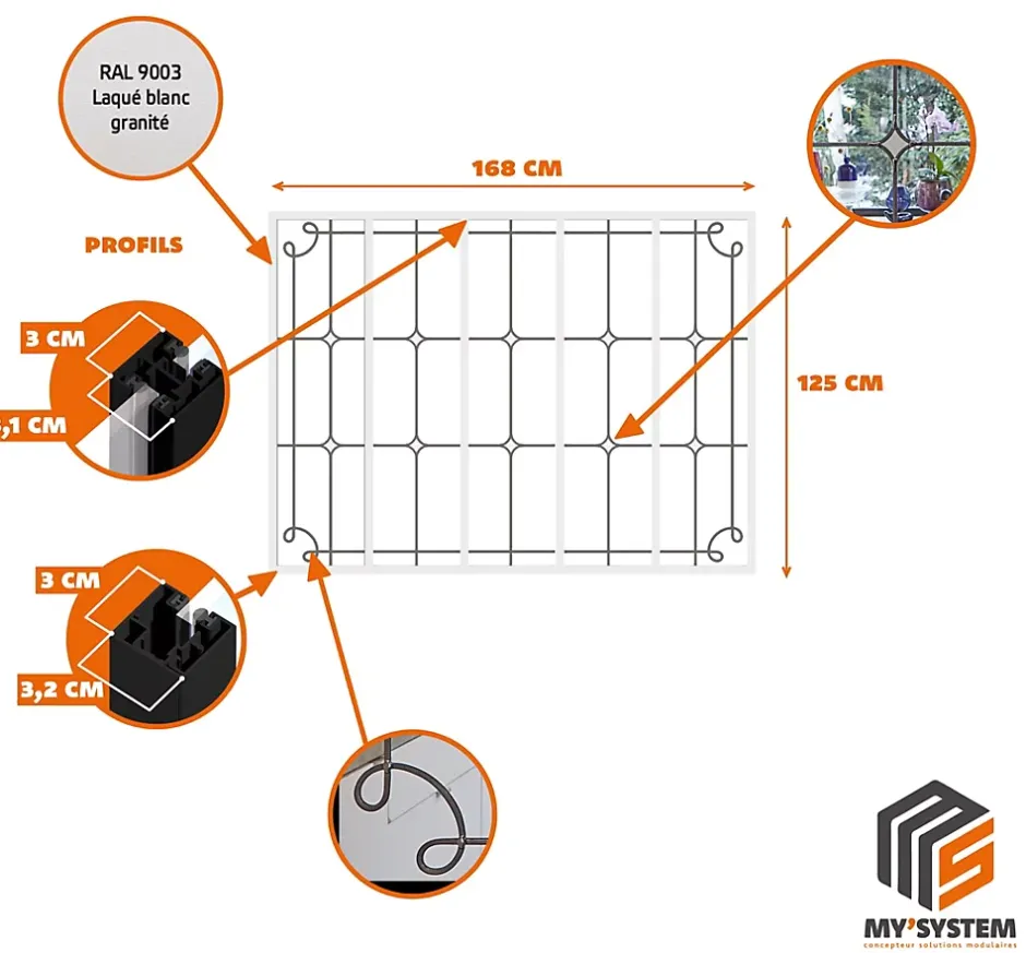 Verrière 5 verres Curly - L x H : 168 x 125 cm - Laqué blanc 9003 granité - verre Sahara inclus-MySystem New