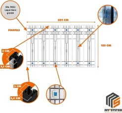 MySystem Verrière 6 verres Hudson - L x H : 201 x 125 cm - Laqué blanc 9003 granité - verre Sahara inclus