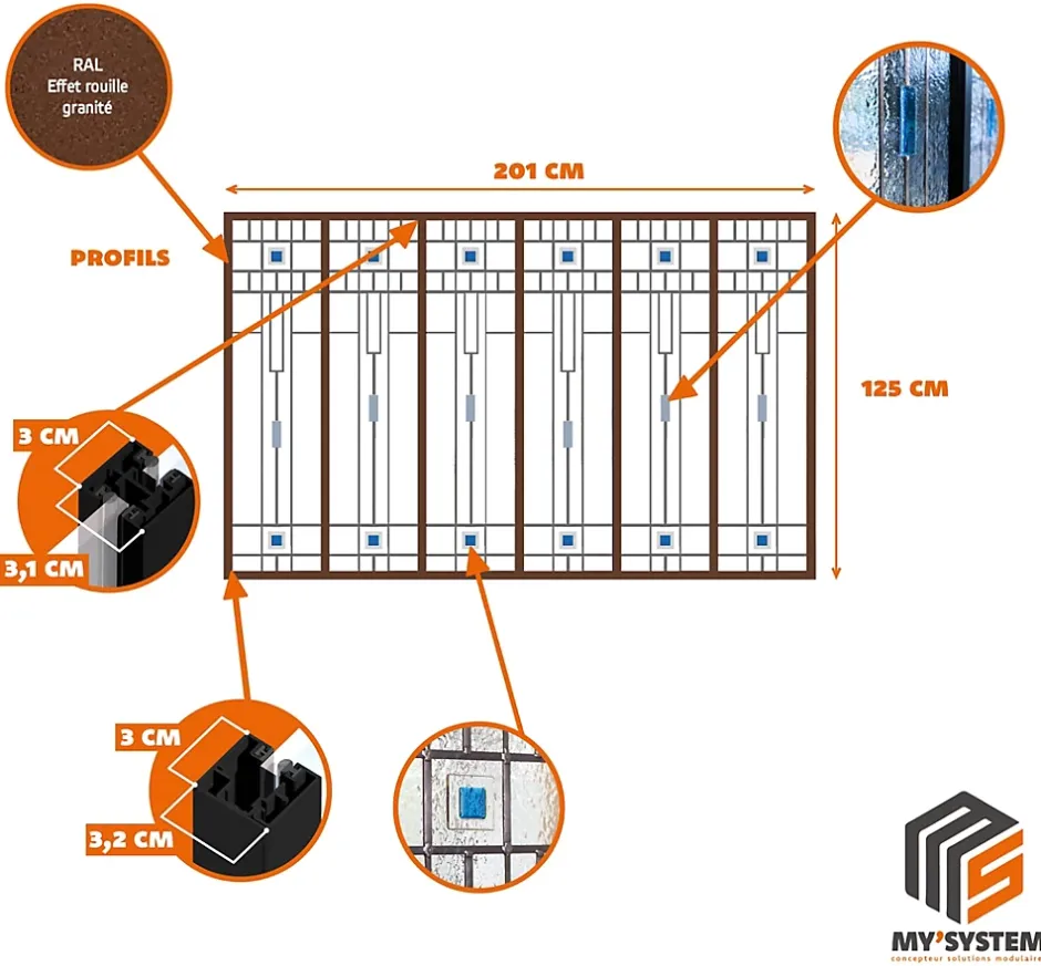 MySystem Verrière 6 verres Hudson - L x H : 201 x 125 cm - Laqué effet rouille granité - verre Clair inclus