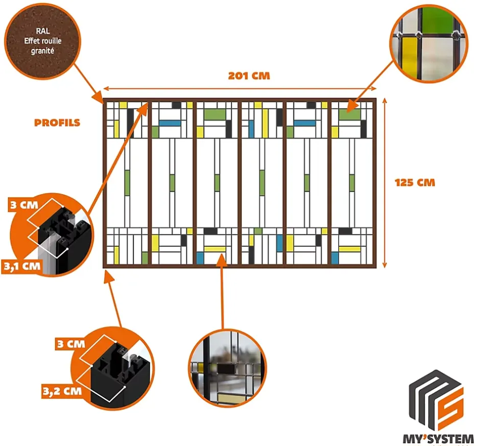 MySystem Verrière 6 verres Indiana - L x H : 201 x 125 cm - Laqué effet rouille granité - verre Clair inclus