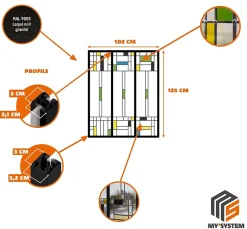 MySystem Verrière 3 verres Indiana - L x H : 102 x 125 cm - Laqué noir 9005 granité - verre Clair inclus