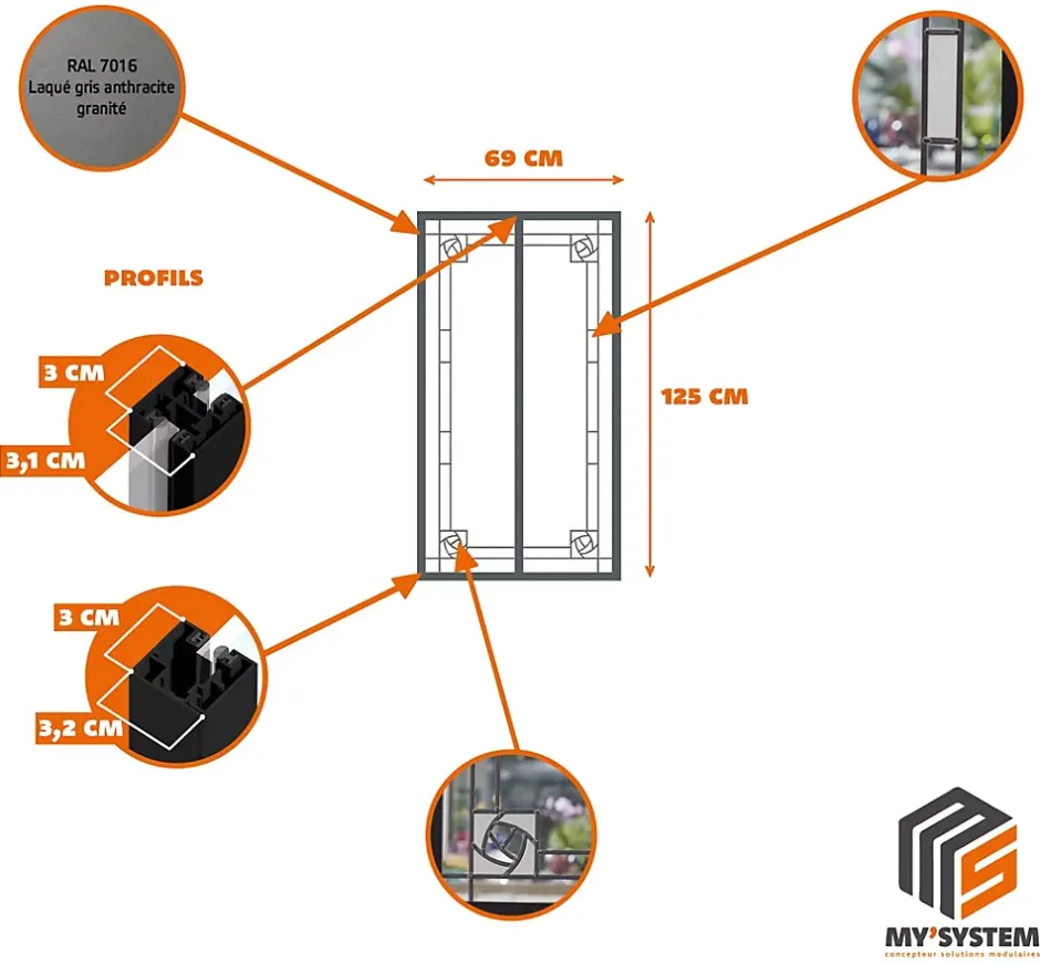 Verrière 2 verres Mackintosh - L x H : 69 x 125 cm - Laqué gris 7016 granité - verre Clair inclus-MySystem Best