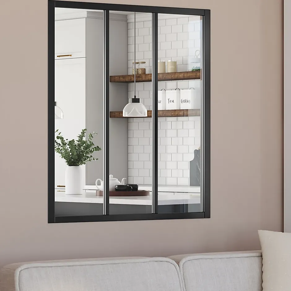 IDMarket Verrière atelier 3 vitrages L. 93 x H. 108 cm en métal noir et verre trempé