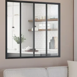 IDMarket Verrière atelier 4 vitrages L. 116 x H.108 cm en métal noir et verre trempé