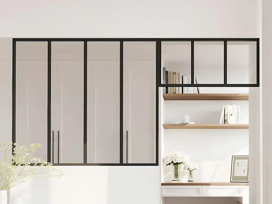 Vente-unique Verrière atelier avec imposte en aluminium thermolaqué - L120 x H105 + L83 x H40 cm - Noir - BAYVIEW