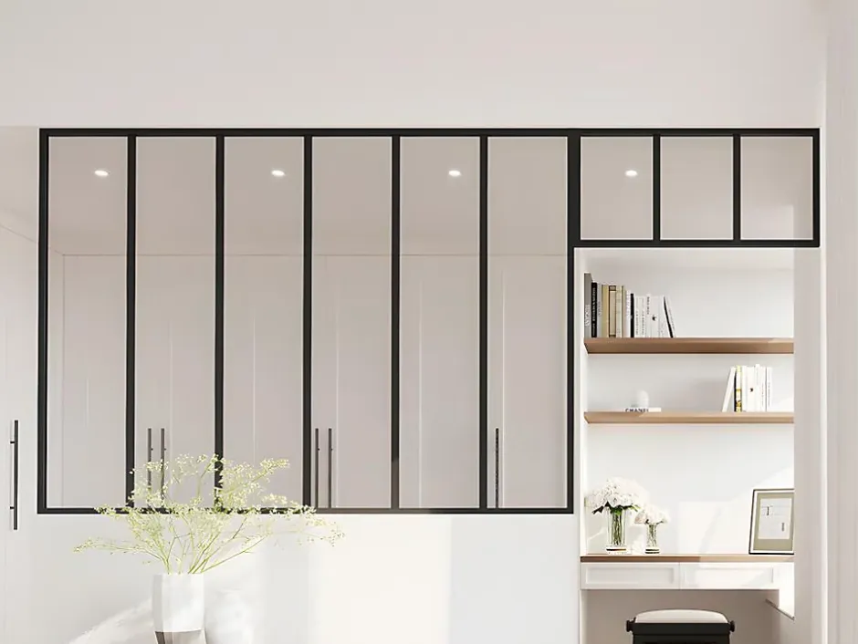 Vente-unique Verrière atelier avec imposte en aluminium thermolaqué - L180 x H130 + L83 x H40 cm - Noir - BAYVIEW