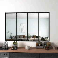 Verrière Atelier Coulissante en Aluminium Noir- L183xH108cm,4 Panneaux en 4mm Verre Trempé,Séparation Élégante Cuisine/Salon-AICA Sanitaire New