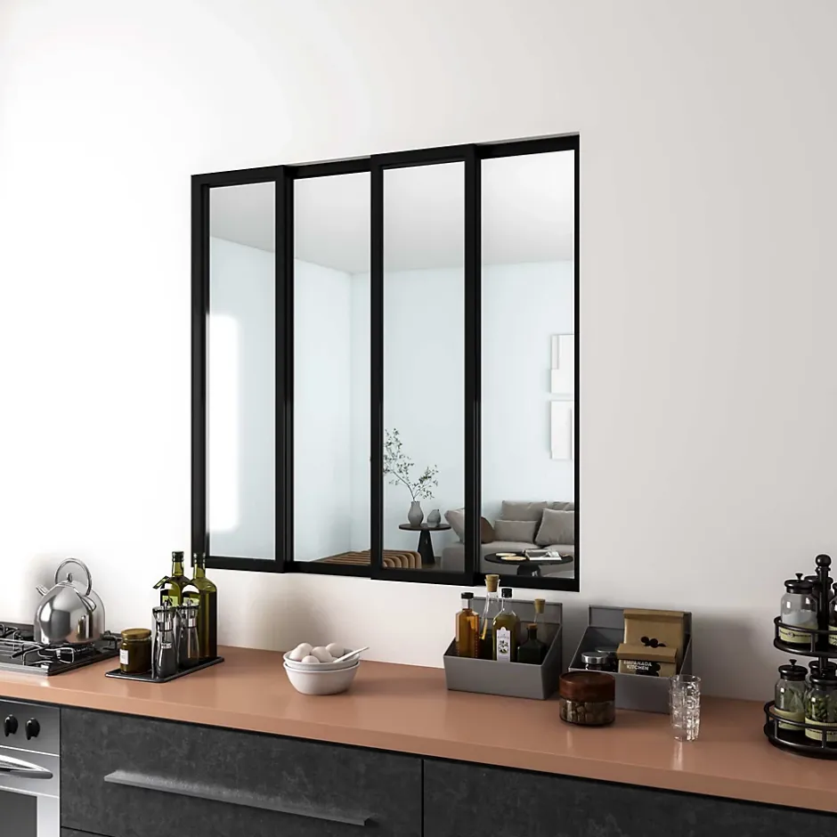 AICA Sanitaire Verrière Atelier Coulissante en Aluminium Noir- L123xH108cm,4 Panneaux en 4mm Verre Trempé,Séparation Élégante Cuisine/Salon