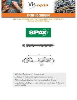 Vis terrasse - - Autoperceuse - Spécial caillebotis - Tête cylindrique - Inox A2 - 5 x 60/27,50 mm - Boîte de 100-Spax Discount